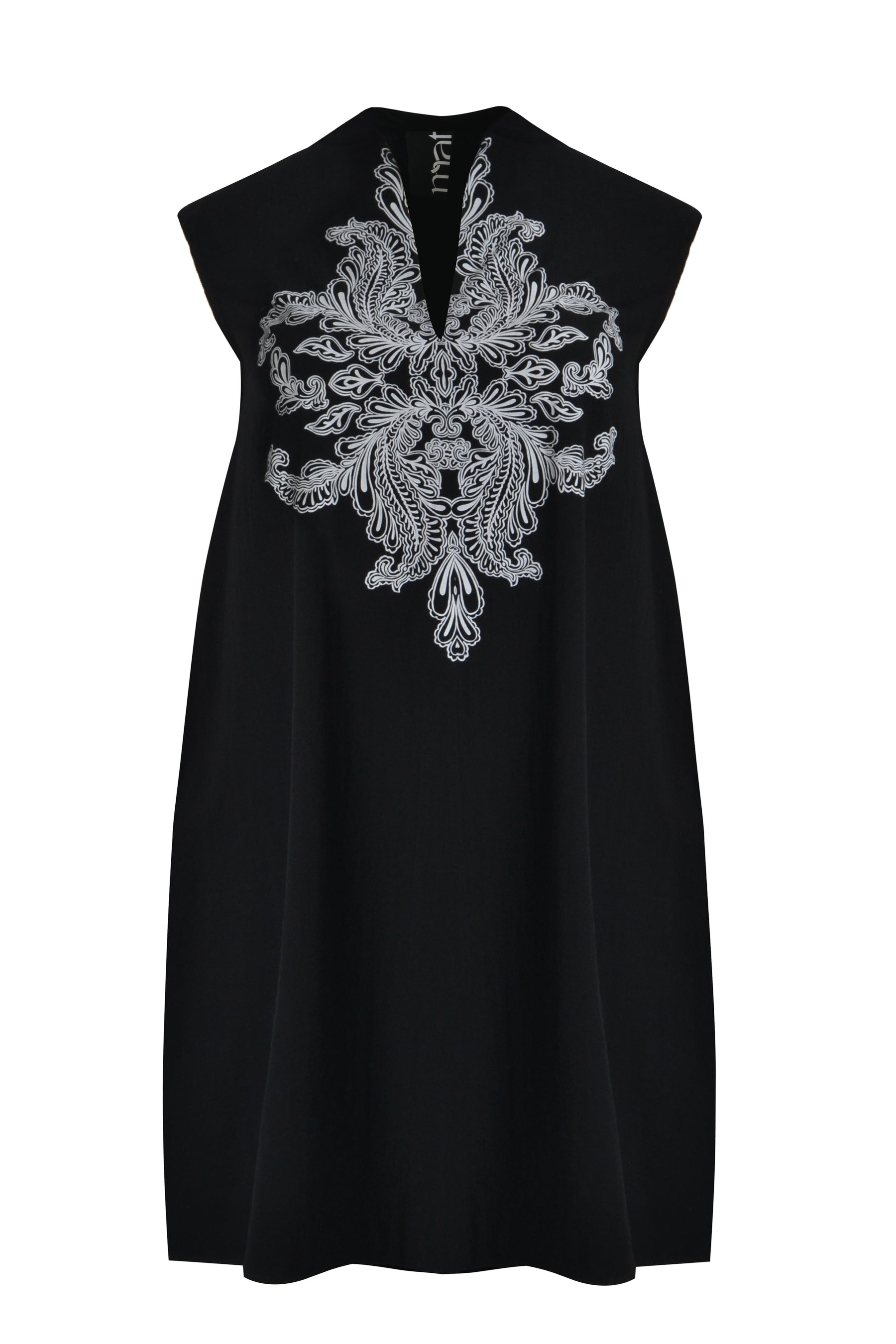 Black sleeveless midi dress with a V neckline and white embroidery on a white background
