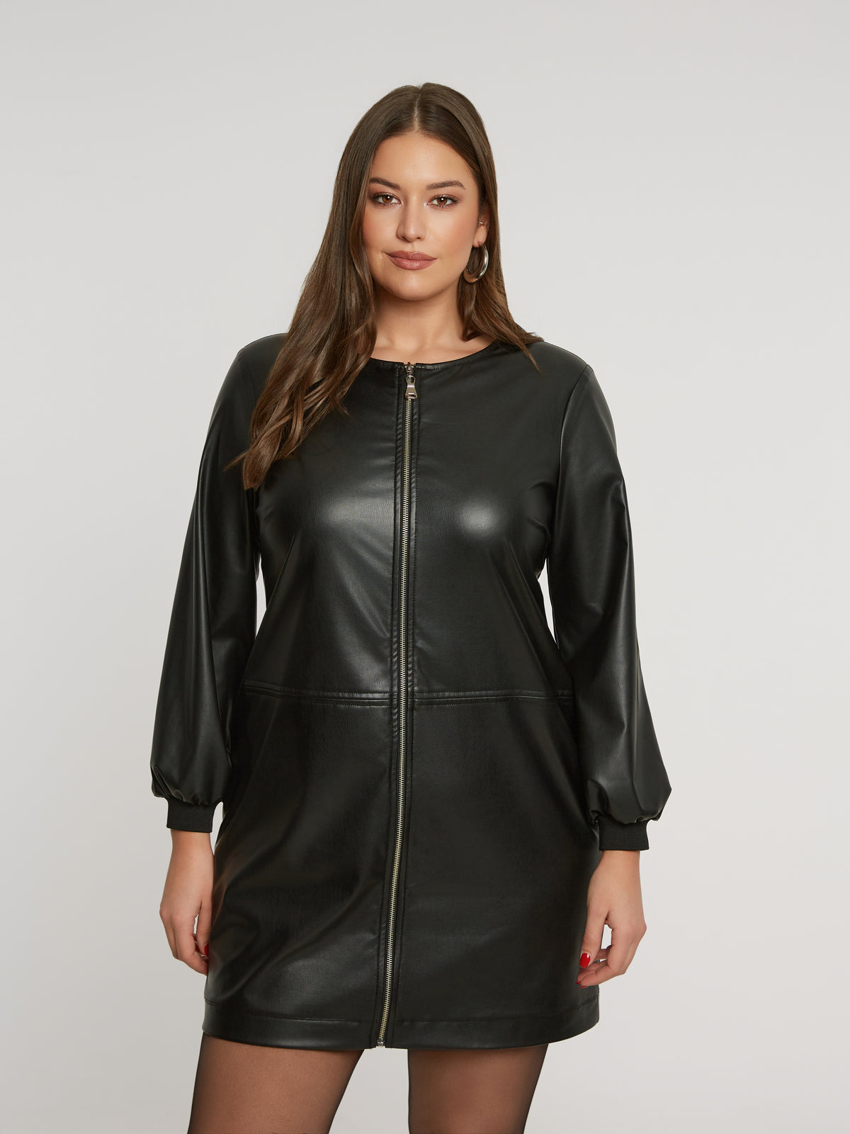 Mat Zip Leather Dress in Black