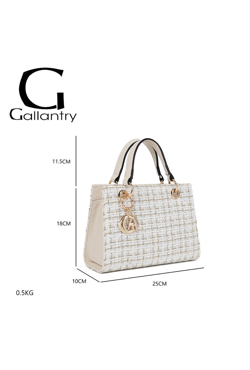 White handbag with gold accents and dimensions on a white background, featuring the Gallantry brand.