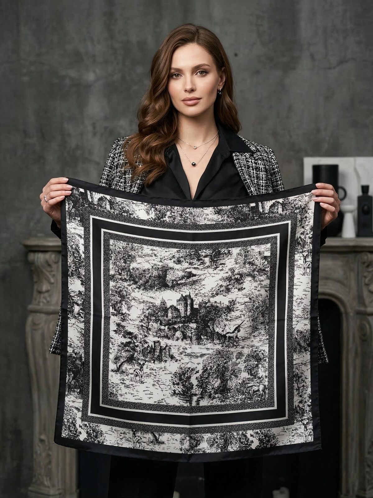 Monica Silk Scarf in Black. This image was created using AI.