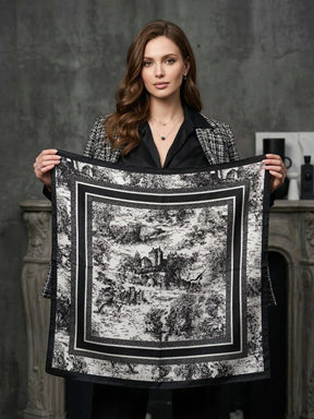 Monica Silk Scarf in Black. This image was created using AI.