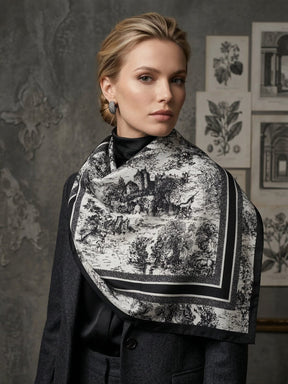 Monica Silk Scarf in Black. This image was created using AI.