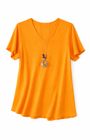 Orange blouse with a necklace on a white background
