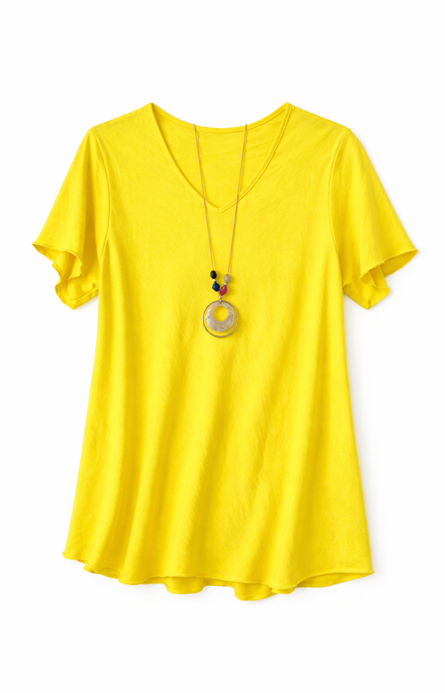 Yellow blouse with a necklace on a white background