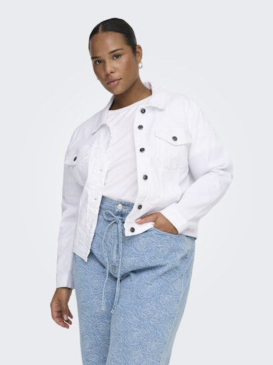 Person wearing a white denim jacket and light blue pants on a white background