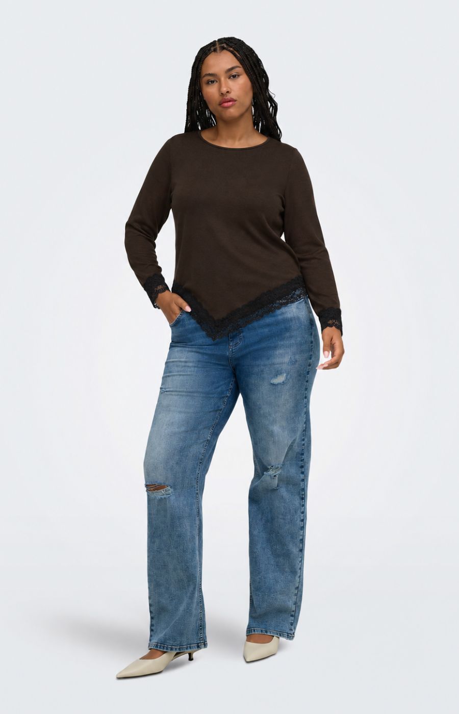 Only Carmakoma Alba Lace Trim Top in Coffee 