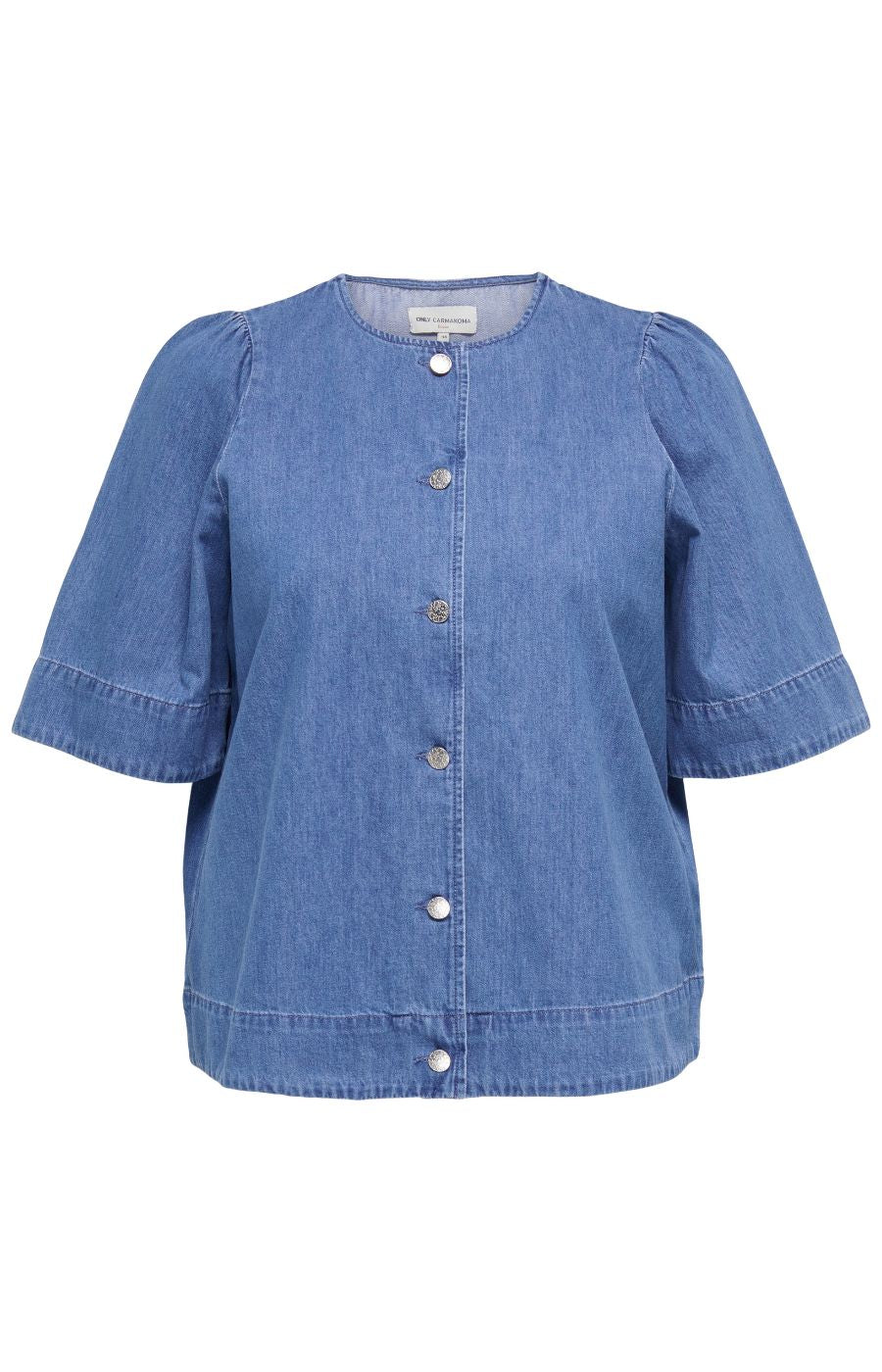Only Carmakoma Astra Shirt in Denim , Blue denim blouse with button details on a white background