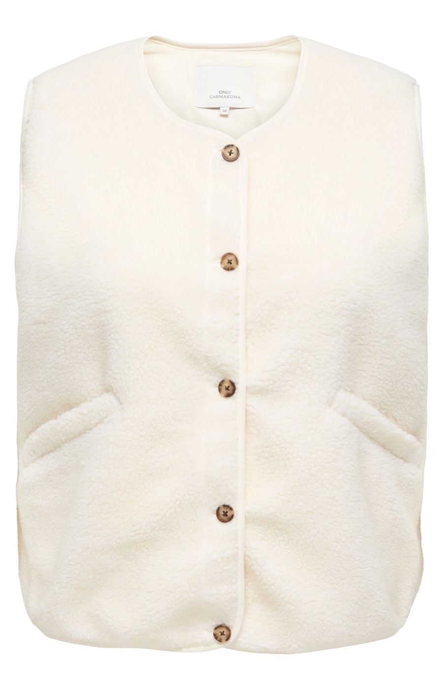 The Only Carmakoma Baby Gilet in Cream, a cream fleece sleeveless vest with brown buttons and front pockets, displayed flat against a white background.