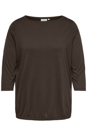 Only Carmakoma Carlinne Top in Coffee Bean, A dark brown long-sleeve top with a wide boat neckline, displayed against a plain white background.