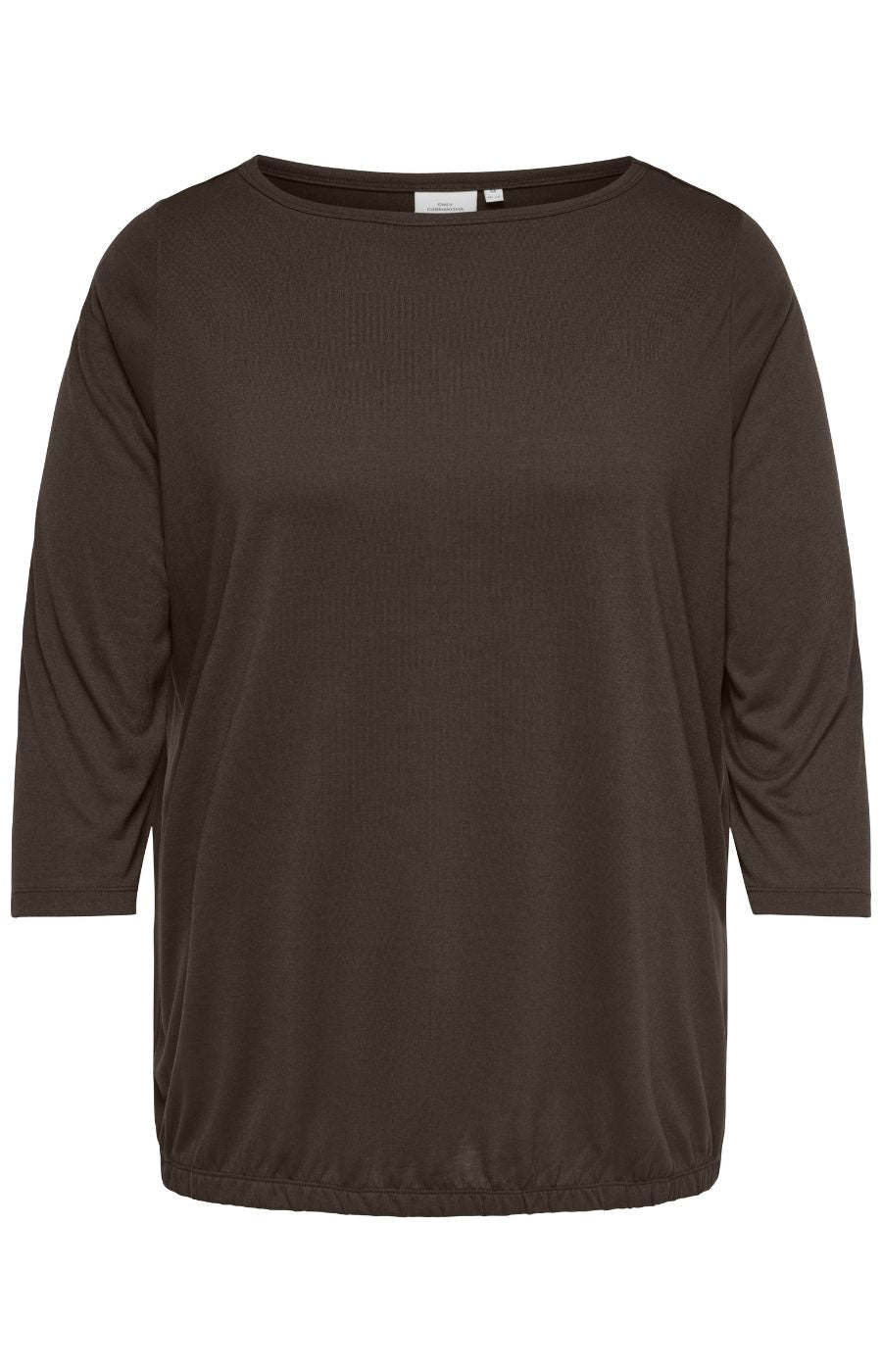 Only Carmakoma Carlinne Top in Coffee Bean, A dark brown long-sleeve top with a wide boat neckline, displayed against a plain white background.