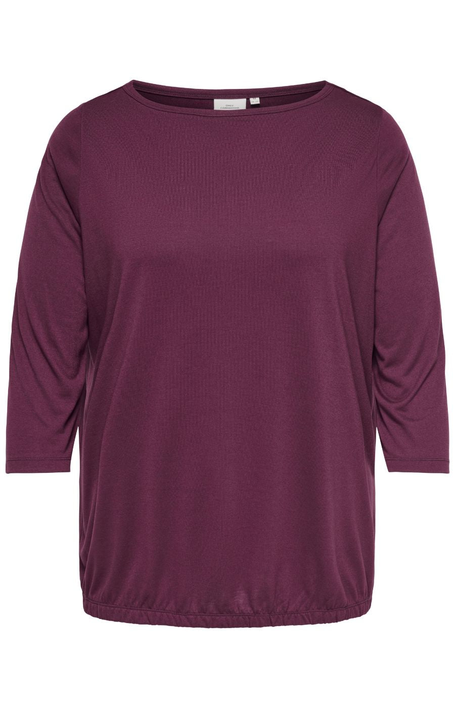 Only Carmakoma Carlinne Top in Fig, A women's three-quarter sleeve top in a deep plum purple color, featuring a wide boat neckline and a relaxed, slightly gathered silhouette, shown against a plain white background.