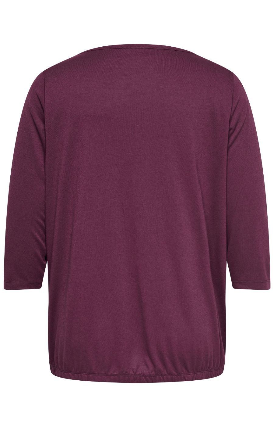 Only Carmakoma Carlinne Top in Fig , A dark plum purple long-sleeve top shown from the back, featuring a ribbed texture and a gathered elastic hem, set against a plain white background.