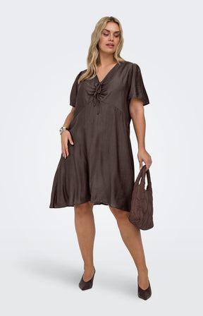 Woman wearing the Only Carmakoma Cecilia Dress in Brown, a brown dress holding a matching handbag on a white background