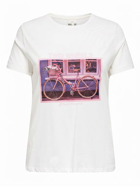 White t-shirt with short sleeves, round neckline and a pink bike design on a white background