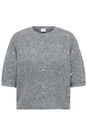 Only Carmakoma Dolly Top in Grey, A gray knit sweater with 3/4 sleeves and small pearl embellishments scattered across the front, shown against a plain white background.