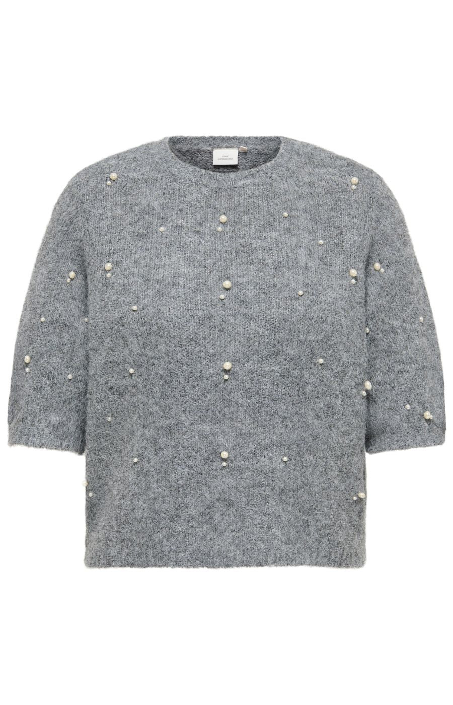 Only Carmakoma Dolly Top in Grey, A gray knit sweater with 3/4 sleeves and small pearl embellishments scattered across the front, shown against a plain white background.