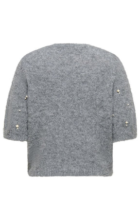 Only Carmakoma Dolly Top in Grey, The back of a gray textured knit sweater with elbow-length sleeves, featuring decorative pearl embellishments on the cuffs, shown against a plain white background.