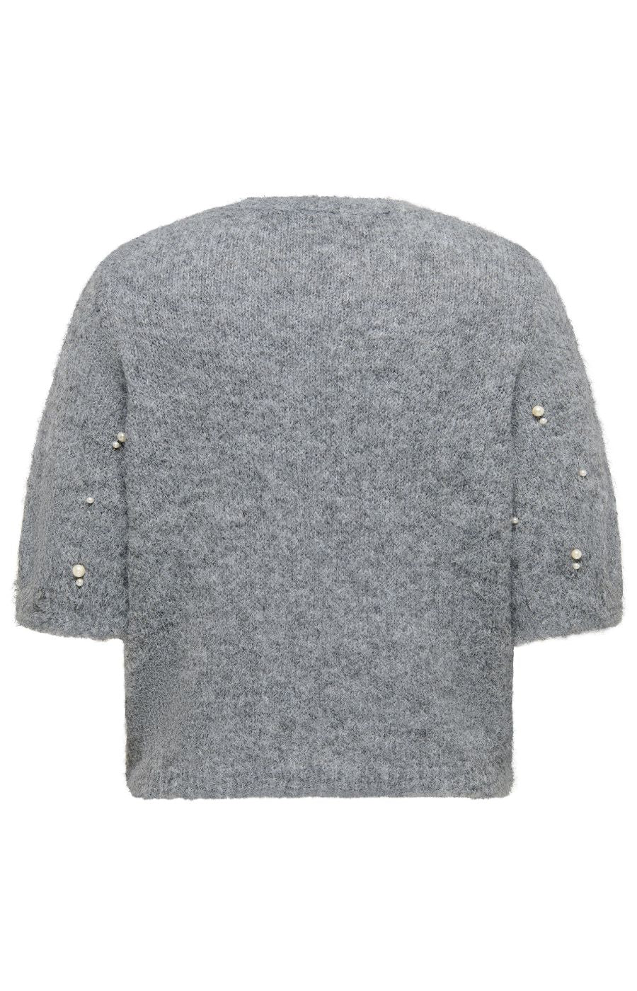 Only Carmakoma Dolly Top in Grey, The back of a gray textured knit sweater with elbow-length sleeves, featuring decorative pearl embellishments on the cuffs, shown against a plain white background.