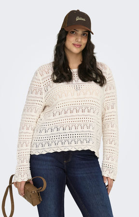 Only Carmakoma Elke Top in Cream, A crochet design knit top with long sleeves and a scalloped hem

