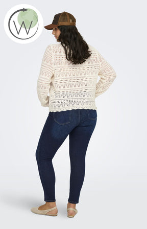 Only Carmakoma Elke Top in Cream, a knit top with long sleeves, round neckline and an all over knitted design 