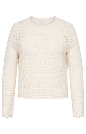 Only Carmakoma Elke Top in Cream, front view, round neck, long sleeves, all over crochet design, scalloped edging 