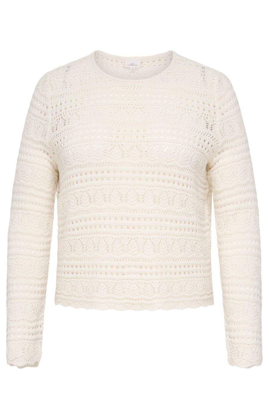 Only Carmakoma Elke Top in Cream, front view, round neck, long sleeves, all over crochet design, scalloped edging 