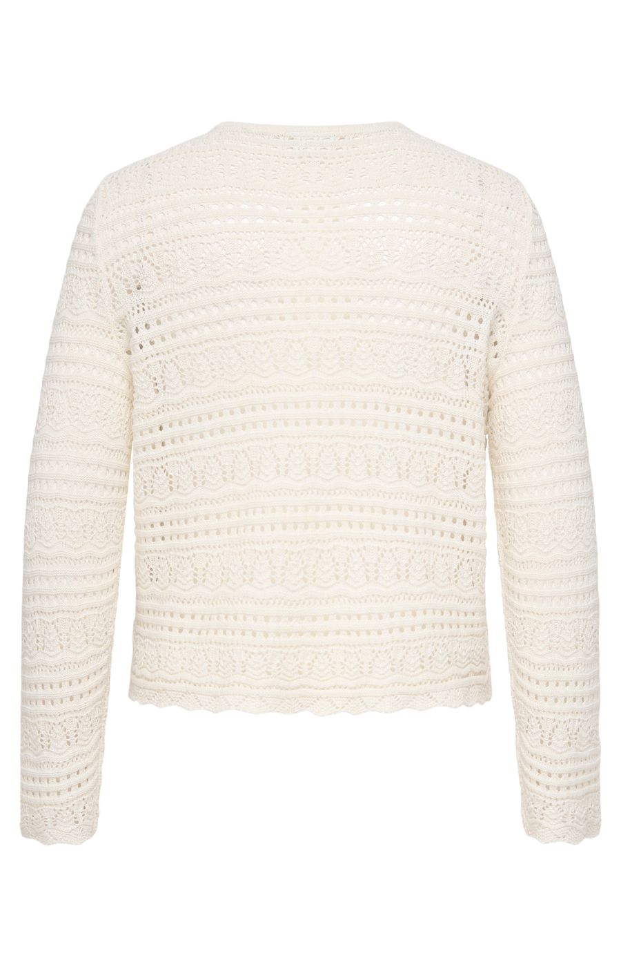 Only Carmakoma Elke Top in Cream, back view, round neck, long sleeves, all over crochet design, scalloped edging  