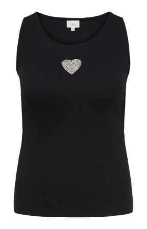 The Only Carmakoma Iris Vest Top in Black, a black sleeveless scoop-neck tank top featuring a small, textured silver heart-shaped brooch on the left chest, displayed on a clean white background.