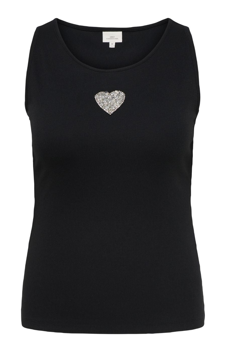 The Only Carmakoma Iris Vest Top in Black, a black sleeveless scoop-neck tank top featuring a small, textured silver heart-shaped brooch on the left chest, displayed on a clean white background.