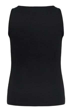 The Only Carmakoma Iris Vest Top in Black, a black sleeveless ribbed tank top shown from the back, photographed against a plain white background.