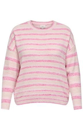 Only Carmakoma Johanna Knit in Pink, front view, Pink and white striped sweater with a round neckline, long sleeves, regular fit and ribbed edging  on a white background