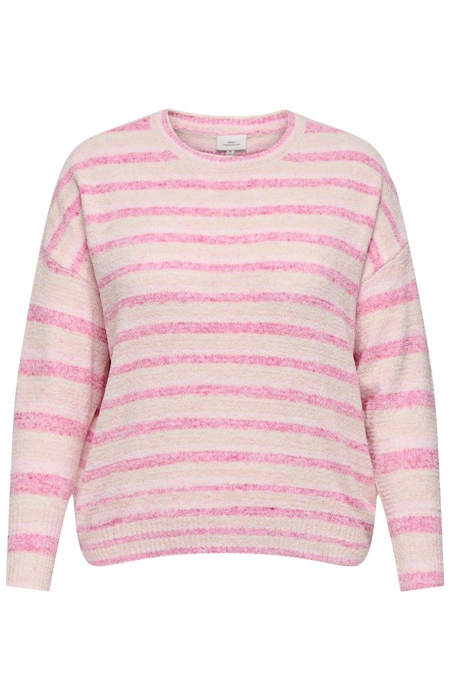 Only Carmakoma Johanna Knit in Pink, front view, Pink and white striped sweater with a round neckline, long sleeves, regular fit and ribbed edging  on a white background