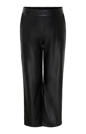 The Only Carmakoma Kari Trousers in Black, black straight-leg 32" trousers with a smooth faux-leather finish, shown on a plain white background.