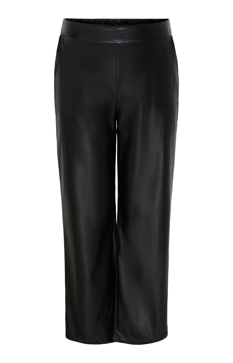 The Only Carmakoma Kari Trousers in Black, black straight-leg 32" trousers with a smooth faux-leather finish, shown on a plain white background.