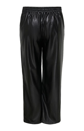 The Only Carmakoma Kari Trousers in Black, black faux leather, 32" trousers with an elastic waistband, shown against a plain white background.