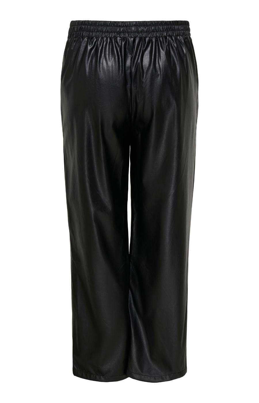The Only Carmakoma Kari Trousers in Black, black faux leather, 32" trousers with an elastic waistband, shown against a plain white background.