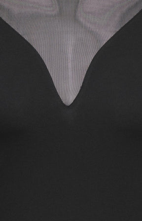 Close-up of the Only Carmakoma Love Top in Black, black top with mesh detailing.