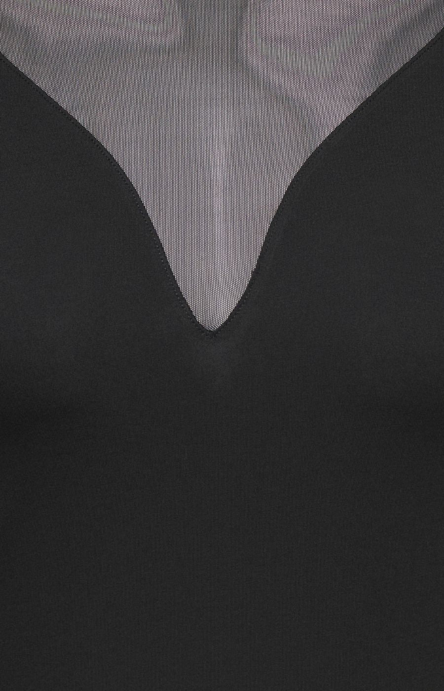 Close-up of the Only Carmakoma Love Top in Black, black top with mesh detailing.