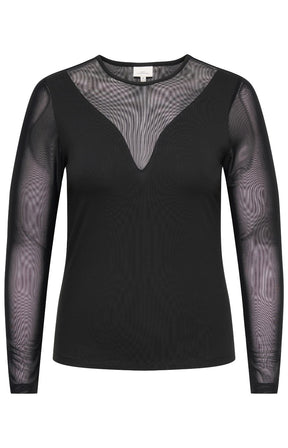 The Only Carmakoma Love Top in Black, a black long-sleeve top with sheer mesh sleeves and a sheer mesh V-neckline panel, shown on a white background.