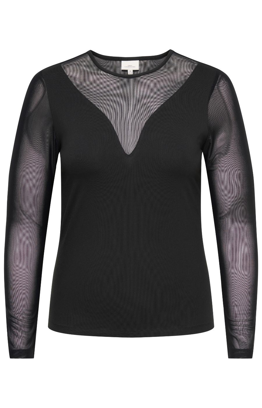 The Only Carmakoma Love Top in Black, a black long-sleeve top with sheer mesh sleeves and a sheer mesh V-neckline panel, shown on a white background.