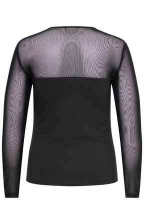 The Only Carmakoma Love Top in Black, a black long-sleeve top with a sheer mesh yoke across the shoulders and upper back, shown from the back on a white background.