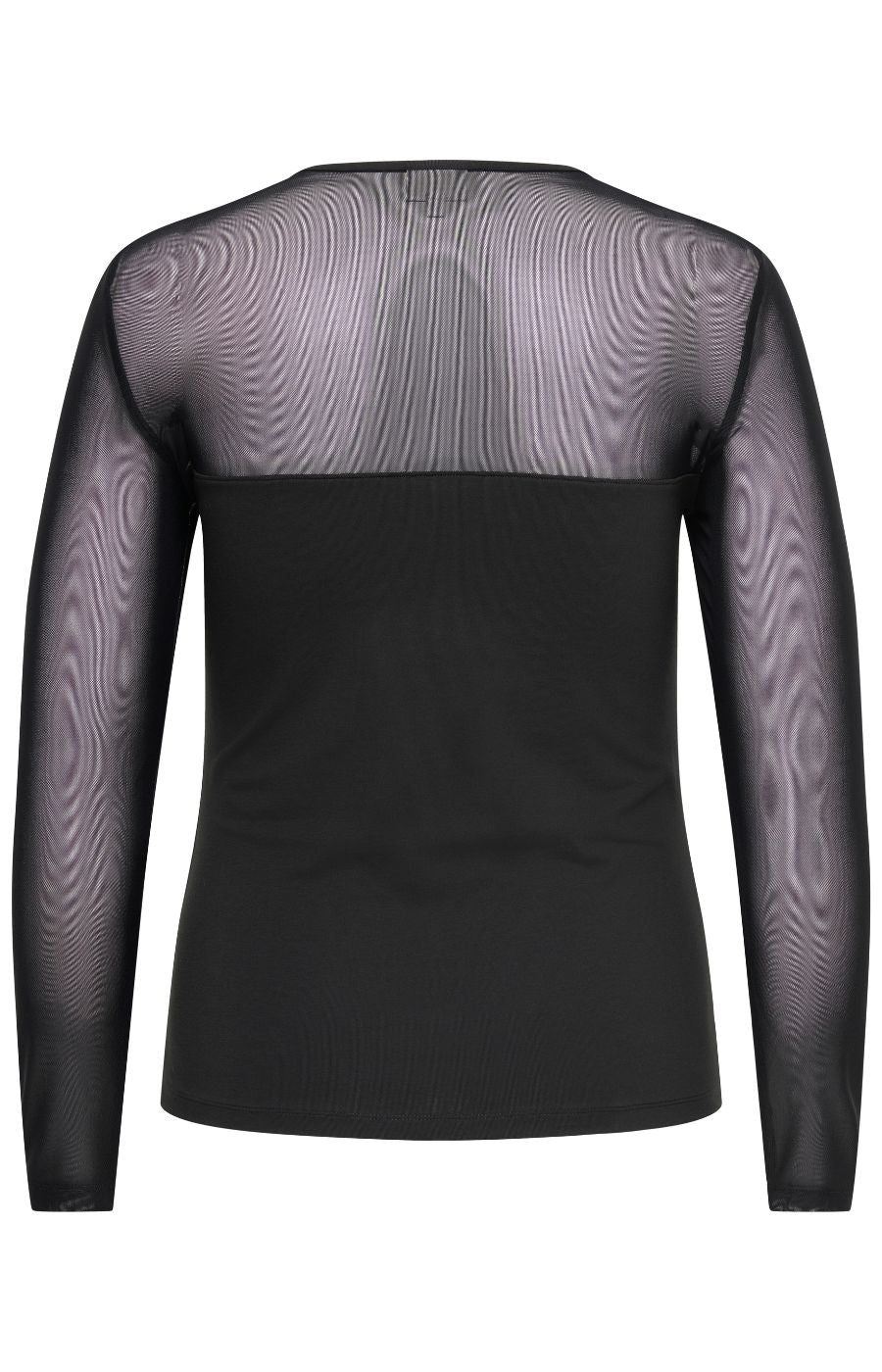 The Only Carmakoma Love Top in Black, a black long-sleeve top with a sheer mesh yoke across the shoulders and upper back, shown from the back on a white background.