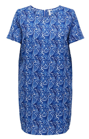 Blue dress with white leaf pattern, short sleeves, boat neckline on a white background