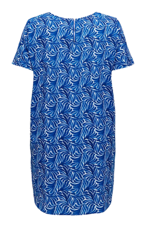 Blue dress with white leaf pattern on a white background