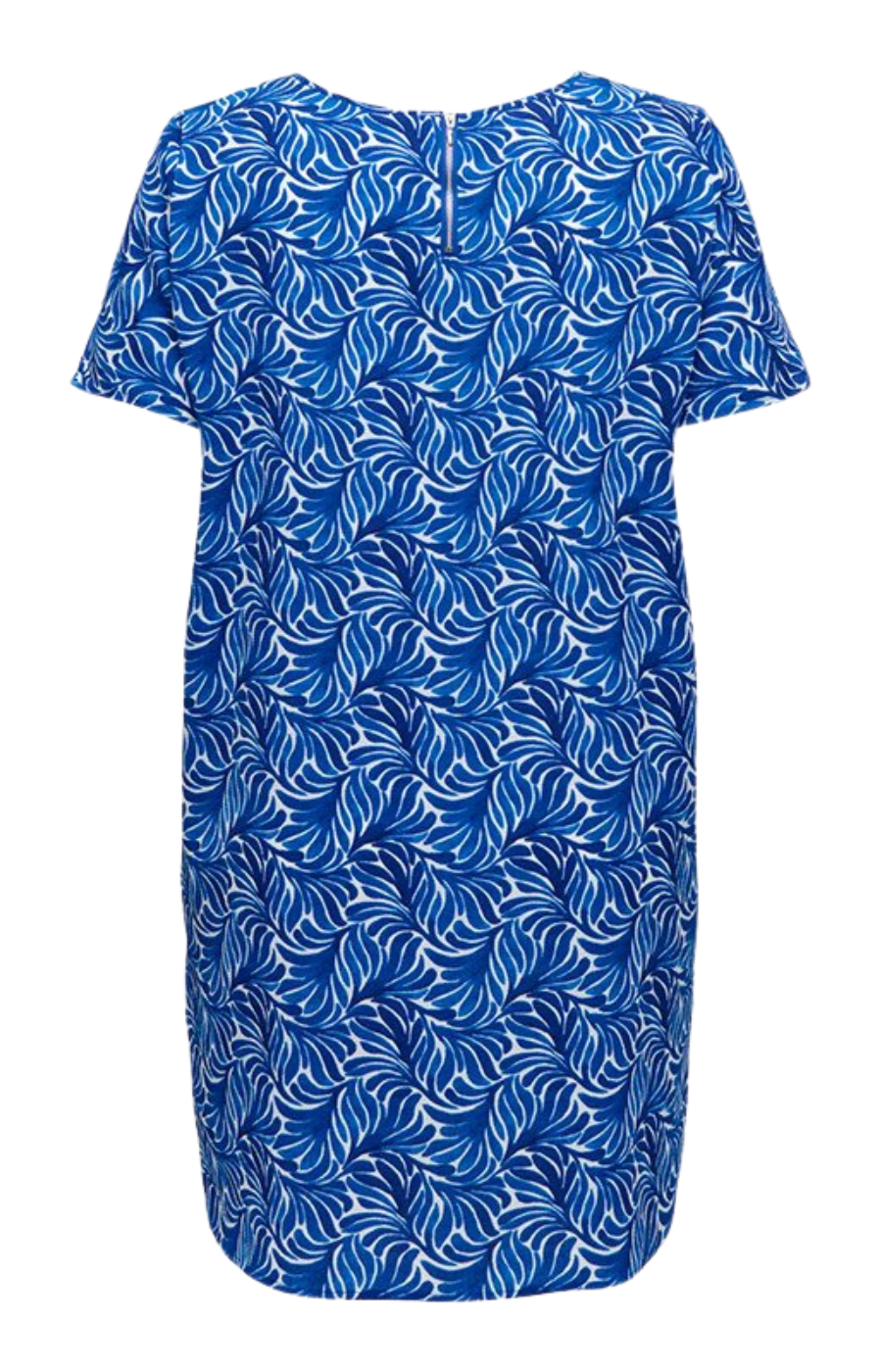 Blue dress with white leaf pattern on a white background