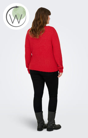 Only Carmakoma Maggie Cardigan in Red, a red knit cardigan, long sleeves ribbed hem 