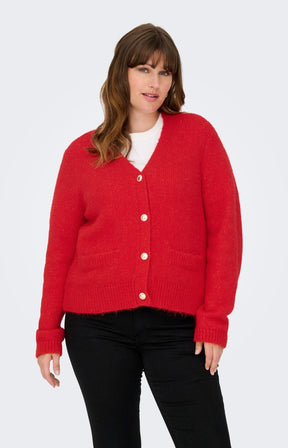 Only Carmakoma Maggie Cardigan in Red, a bold red knit cardigan with gold buttons, a v neck, long sleeves and ribbed edging with faux pockets 