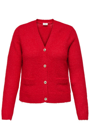 Only Carmakoma Maggie Cardigan in Red, front view, with gold button details, v neckline, long sleeves and faux pockets on a white background