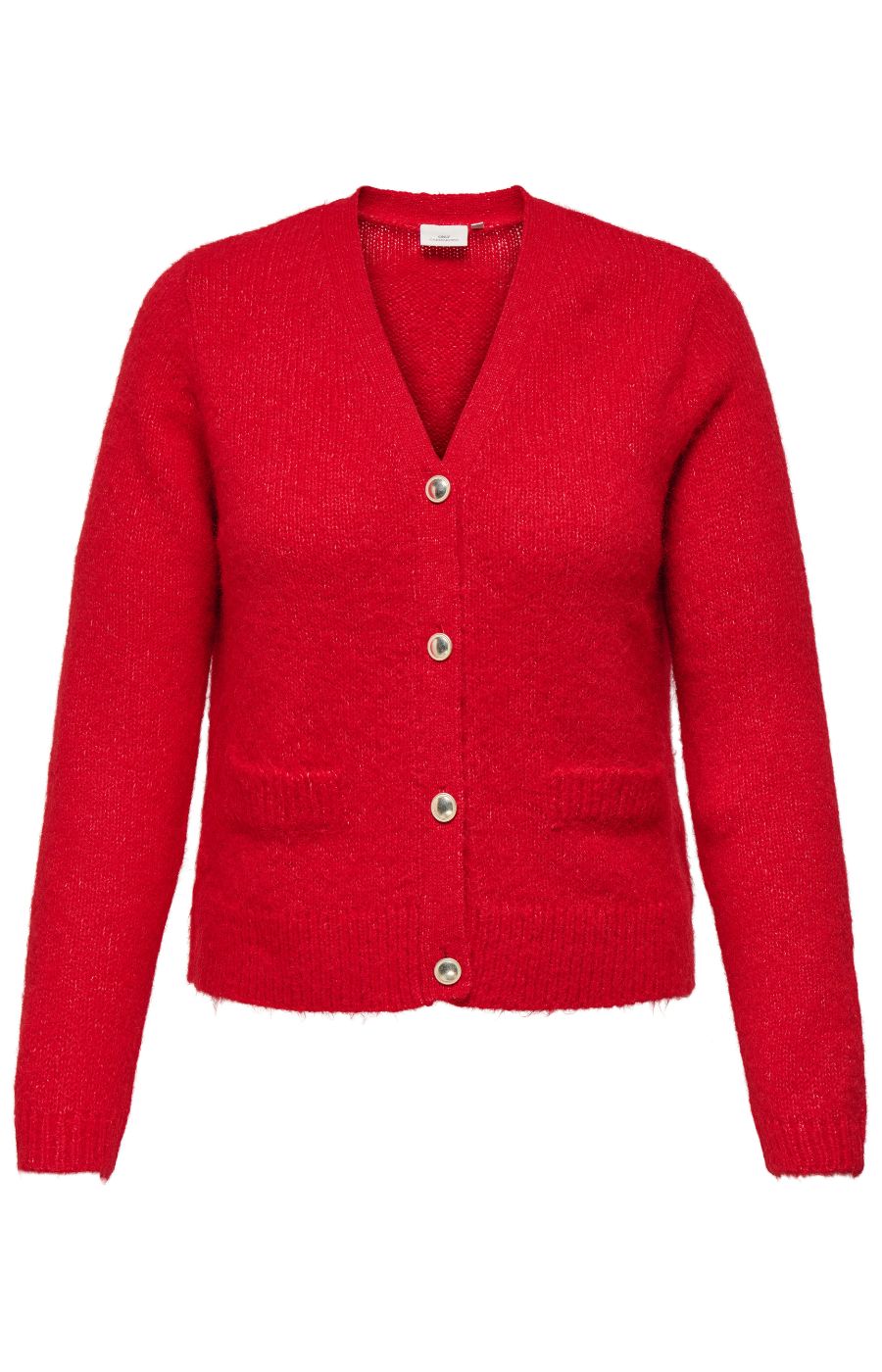 Only Carmakoma Maggie Cardigan in Red, front view, with gold button details, v neckline, long sleeves and faux pockets on a white background