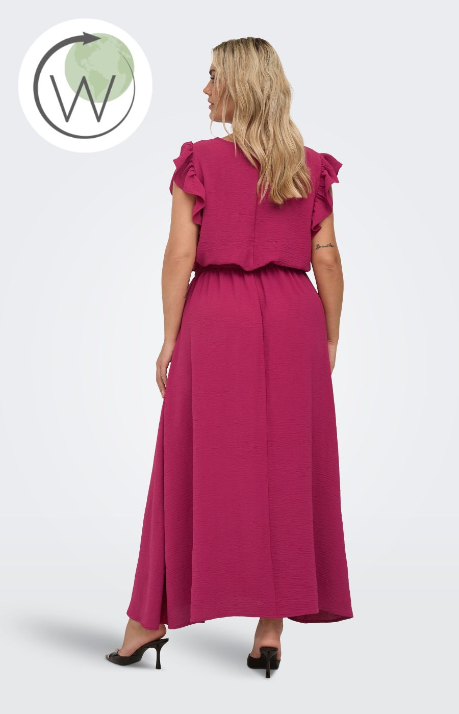 Woman wearing the Only Carmakoma Metta Dress in Wine, a sustainably made maxi dress with with short ruffled sleeves on a white background